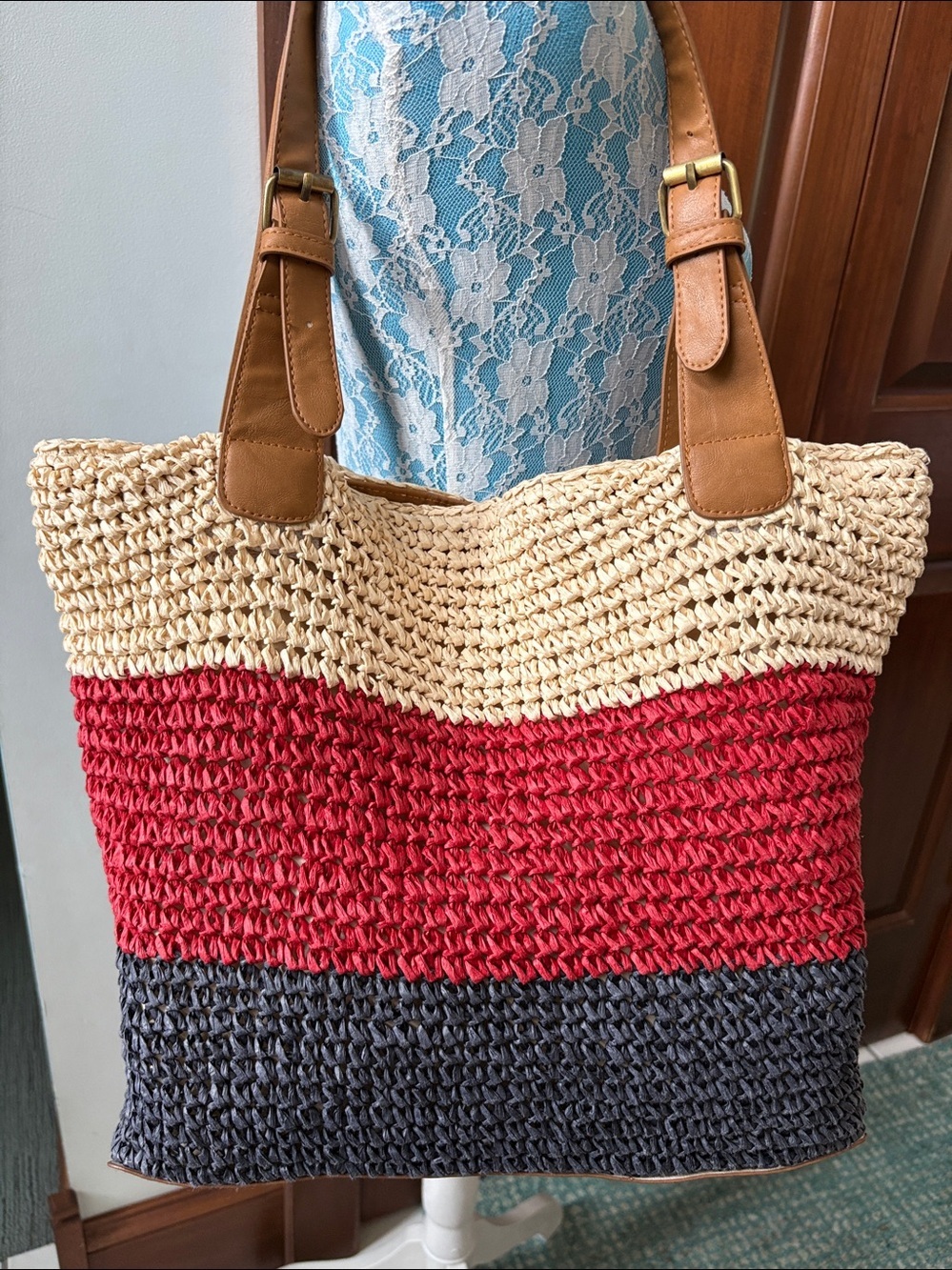 Croft & Barrow patriotic straw bag cream red blue. 4th of July Bag shoulder bag